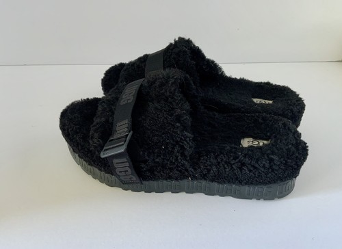 UGG Black Fluffita Sheepskin Fluff Slide Platform Sandals Slippers - Picture 4 of 5