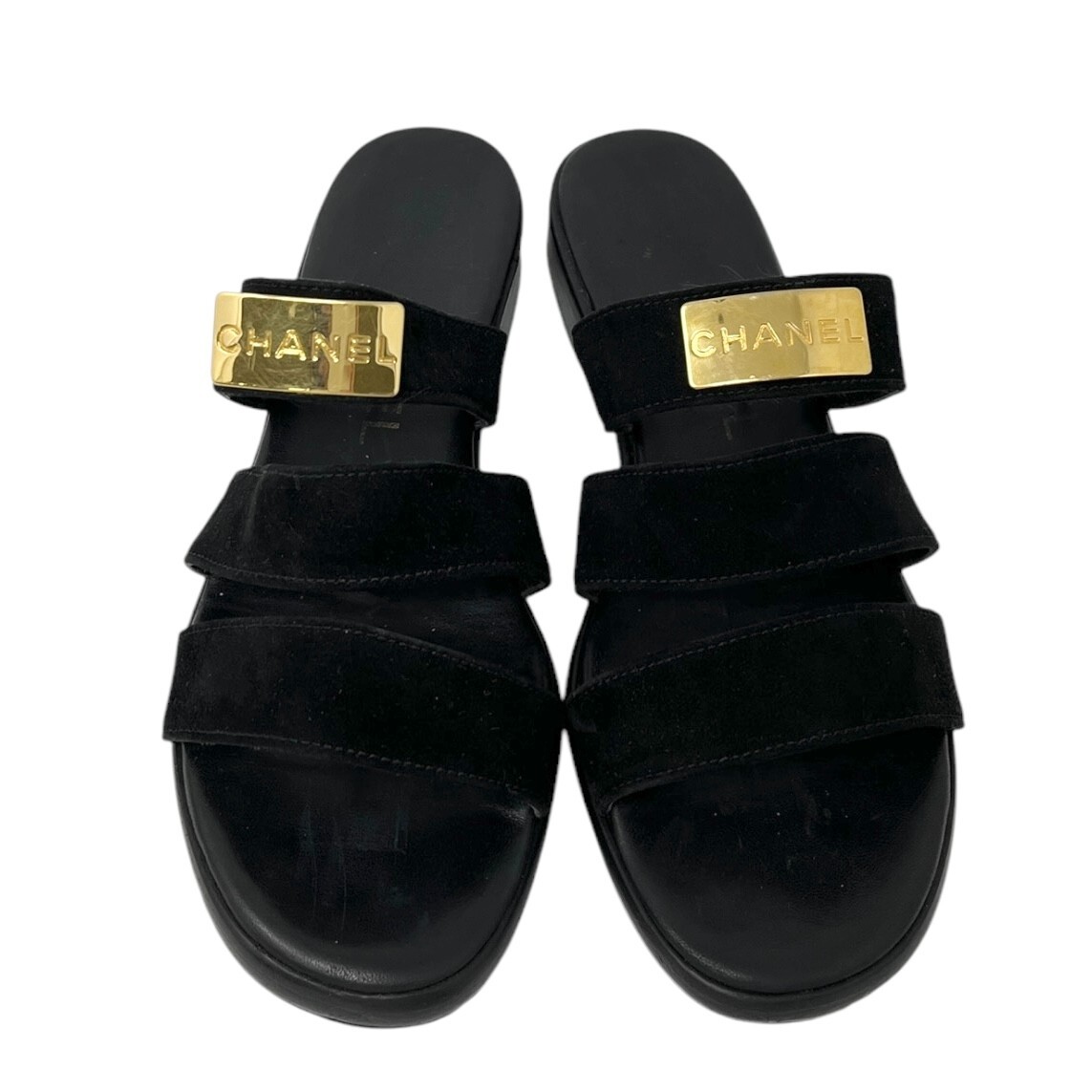 CHANELサンダル37 CHANEL Vintage CC Mark Logo Plate Slide Sandals #37-37.5 Black