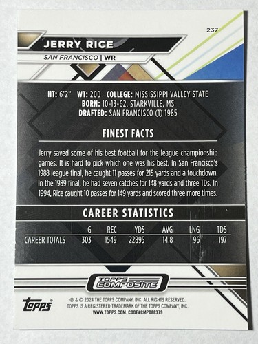 2023 Topps Composite Finest Jerry Rice #237 San Francisco 49ers Salón de la fama - Imagen 2 de 2
