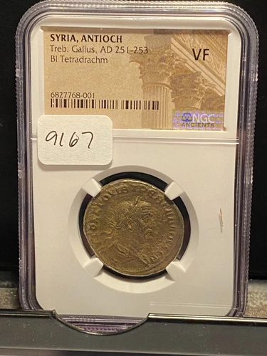 #A9167,Treb.Gallus Bl Tetradrachm Syria Antioch rev Eagle Look Left NGC VF Coin