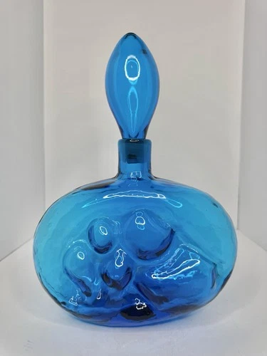 Vintage MCM Blenko Glass 6310 Mother & Child Decanter in Turquoise Husted Design