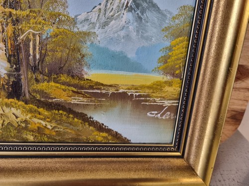 Vintage Pair Framed Mountain Landscape Oil on Board Paintings. Signed CHARLES. - Foto 9 di 10