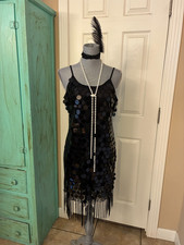 STARLET SEQUIN FLAPPER COSTUME, FAUX PEARLS, FEATHER HEADBAND, LARGE