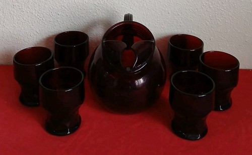 Vintage Anchor Hocking Ruby Red 6" Tilt Ball Pitcher & Set Of 6 Glass... - Picture 3 of 14