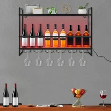2-Tier Bar Cabinet Wine Liquor Storage Display Rack W/ LED Light &6 Glass Holder