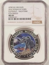2016 SOMALIA 100 SHILLINGS 1 OZ .999 SILVER ELEPHANT, NIGHT, COLORIZED NGC MS-69