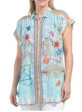 NWT 320 Johnny Was Dionne Embroidered Button Down Blouse- Waterscape 100 Silk