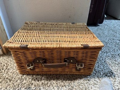 Wicker Picnic Basket & Ware Set, Blue Checked Lining, Plates/Cups/Flatware