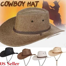 Mens Summer Bucket Cap Cowboy Fedora Hat Wide Brim Linen Straw Mesh Outdoor Hats