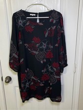 Maurices Black Floral Long Split Sleeve Shift Dress with Red Pink Blue Accents