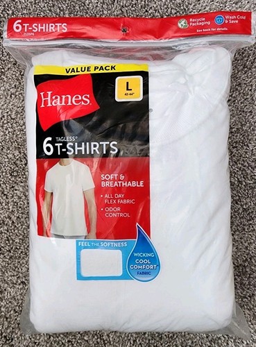NEU Hanes Herren Baumwolle, feuchtigkeitsableitend Rundhalsausschnitt T Größe Large weiß 6er Pack