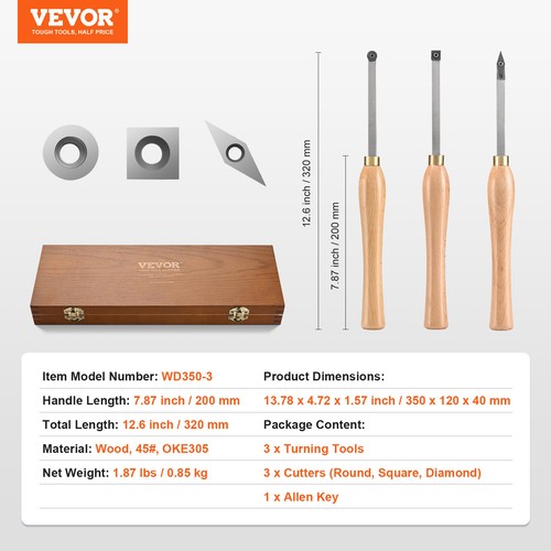 VEVOR Lathe Chisel Set 3PCS Wood Working Turning Tools Carbide Steel Toolbox - Picture 7 of 12