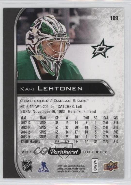 2016-17 Upper Deck Parkhurst Black Kari Lehtonen #109 - Image 2 of 2