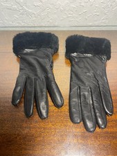 UGG Women  s Black Leather Gloves Shearling Fur Cuffs Logo Button Cashmere