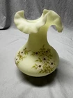 Fenton Satin Custard Glass Vase Hand Painted Yellow Floral Ruffled Signed