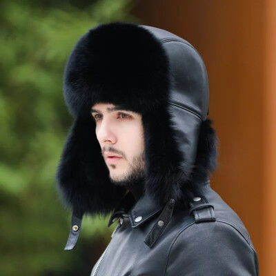 Men's Real Fox Fur Hat Russian Ushanka Cossack Trapper Hat Real Leather Ski Cap