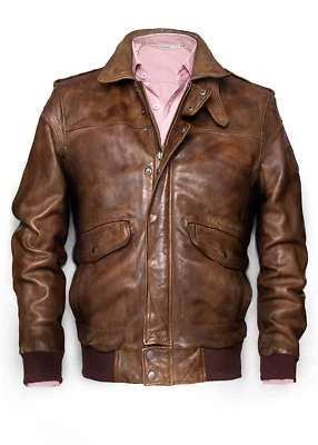 Blouson de vol en cuir de vache pilote aviateur marron bombardier vieilli - Photo 1/4