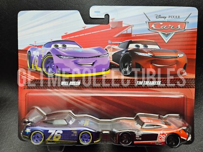 DISNEY PIXAR CARS WILL RUSCH VINYL TOUPEE TIM TREADLESS 2 PACK