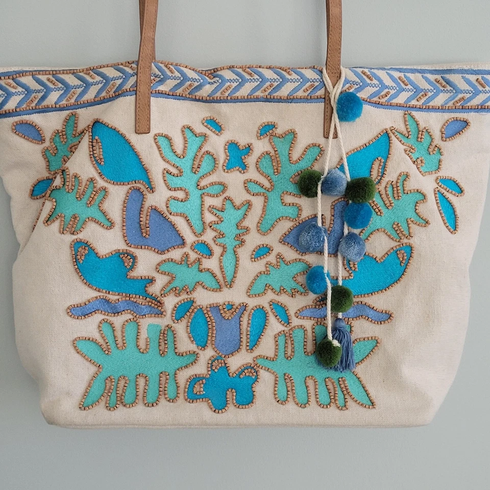 Steven by Steve Madden Jtucker Canvas Tote Bag Embroidered Beaded Beach Blue - Image 2 of 4