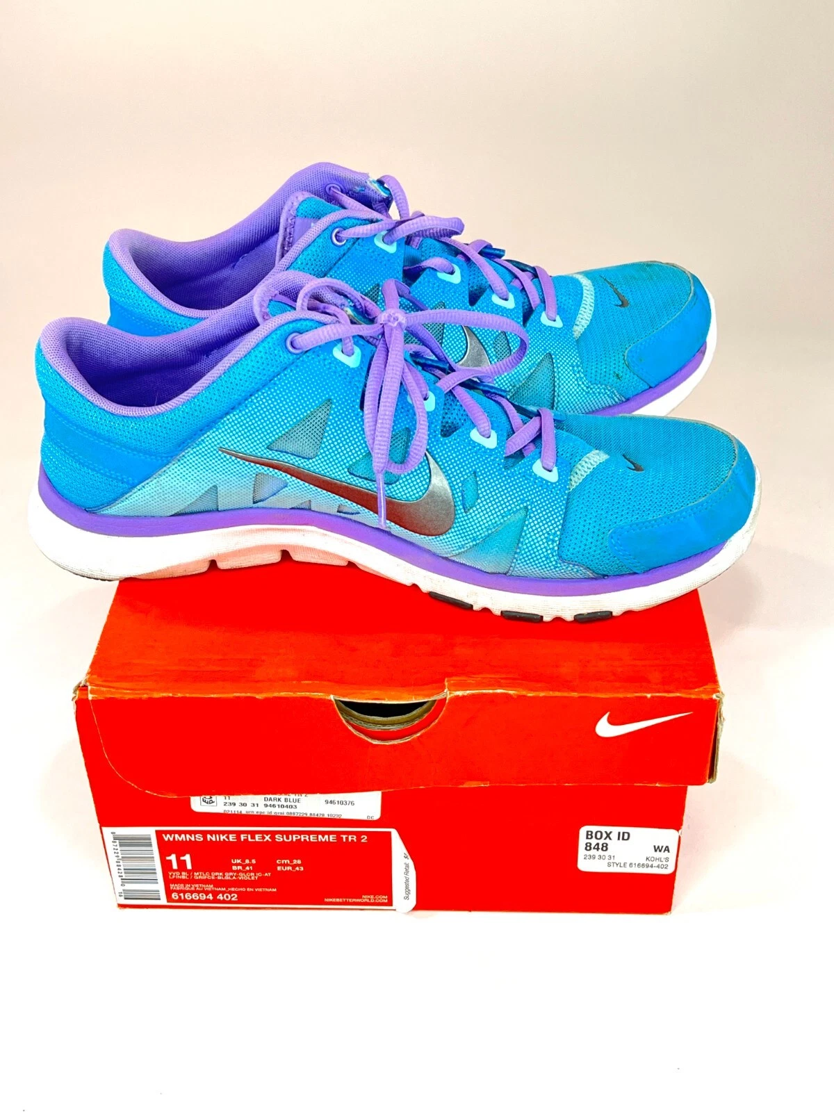 Chaussures de course femmes Nike US Taille 11 Flex Supreme Training 2 sarcelles et violettes