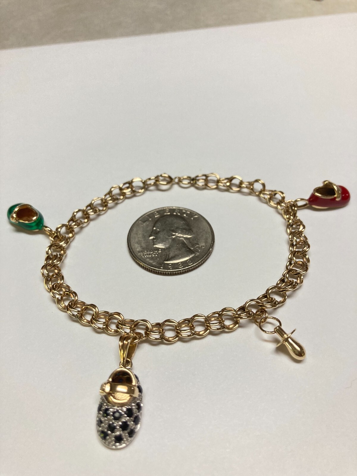 VINTAGE 10K GOLD CHARM BRACELET 14K 10K ENAMEL SAPPHIRE CHILD/BABY SHOE