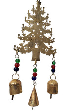 Set of 2 Handmade Brass Christmas Tree Bells  Holiday Wall  Door Hanging Decor