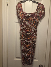 Madden NYC Floral Ruched Mesh Bodycon Midi Dress Square Neck Puff Sleeve M