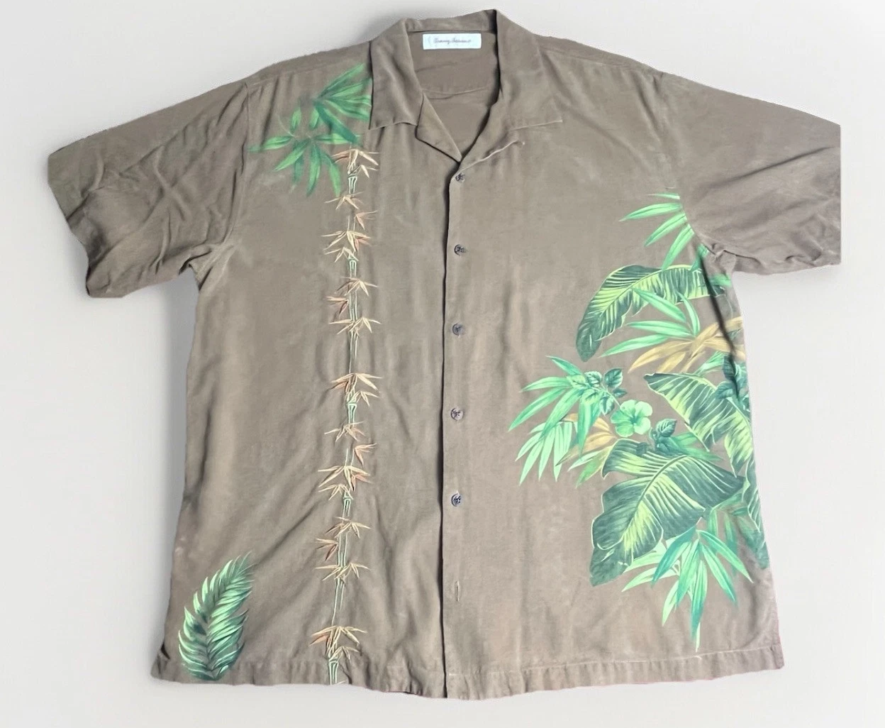 Tommy Bahama Hawaiian Brown Tropical Green Trees Short Sleeve Sz-XL Men’s