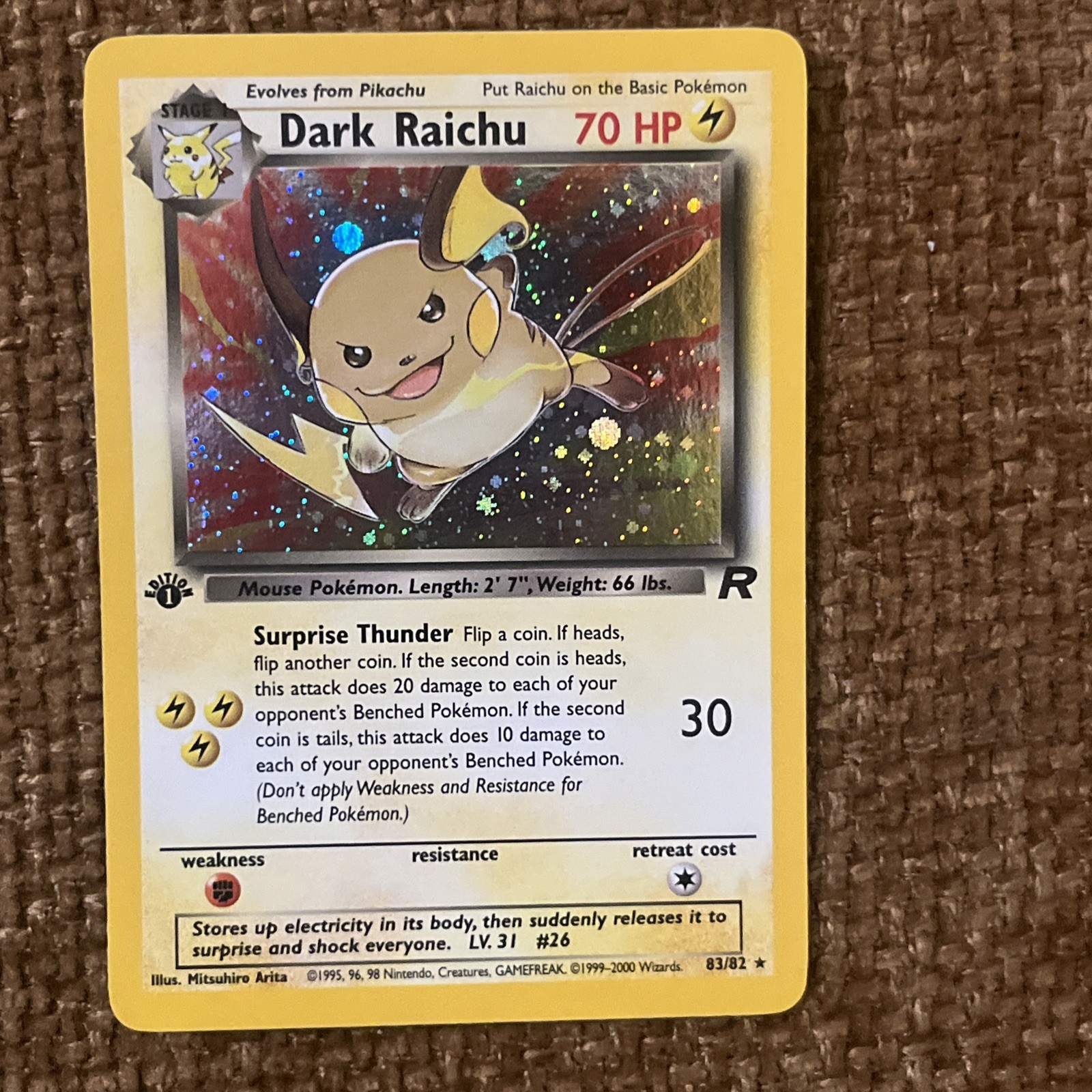 NM Pokemon TCG 2000 Team Rocket: Dark Raichu 83/82 1st Edition Rare Holo