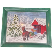 Vintage Needlepoint Art Horse Sleigh Winter Scene Framed Wall Art Christmas