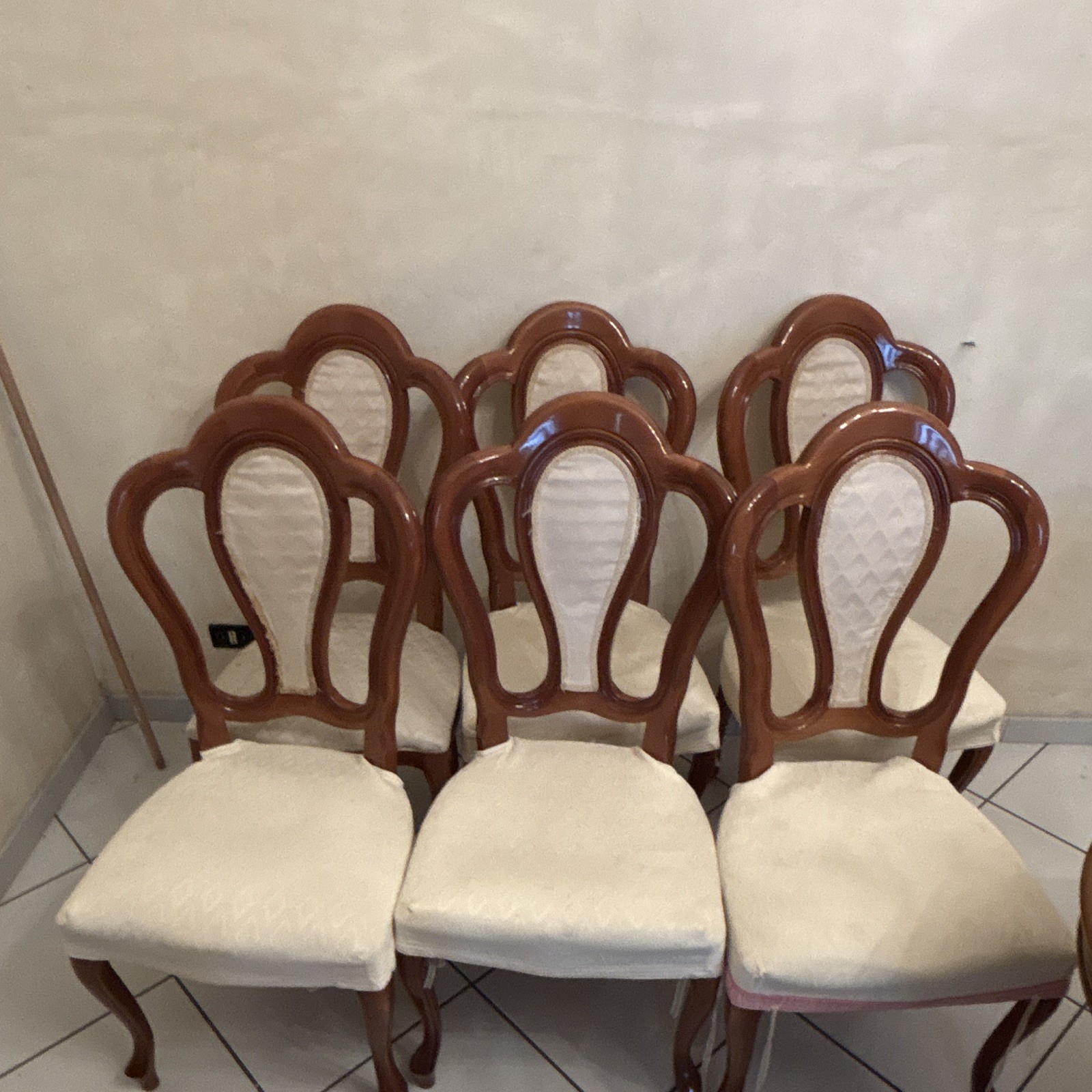 Set da 6 Sedia da pranzo classica in legno scuro, imbottita in tessuto beige