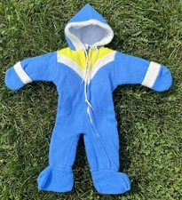 Vintage Baby Blue Fleece Hooded Bunting Suit 3-9 Mos Footed One Piece Winter 80s