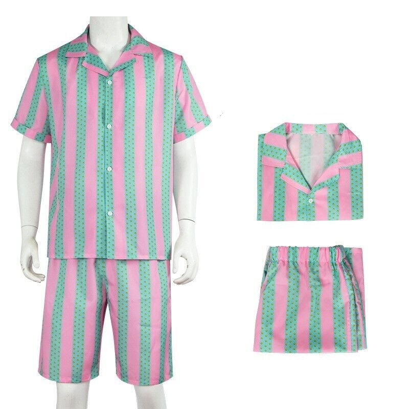 Ken Adult Men Cosplay Beach Costume Set Pink Green Stripe Shirt Shorts Halloween