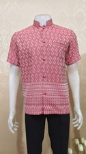 Men s Thai Woven Shirt Rose Pink Lai Kho Pattern Traditional Short Sleeve