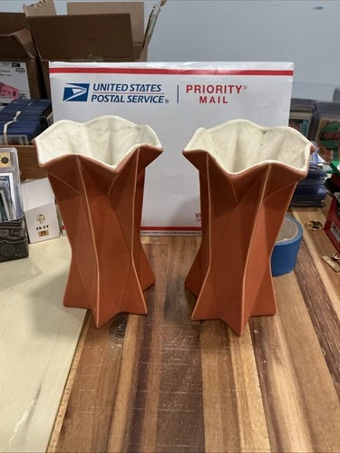 Pair of Red Wing Pottery Prismatique Vases 798 USA Belle Kogan Red Vase MCM 8"