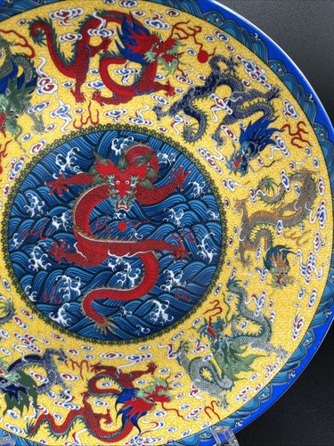Antico piatto cinese porcellana Qing Qianlong Mark Famille Rose Nove draghi 8,5" - Foto 3 di 8