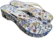 Tory Burch Platform Wedge 1.5” Flip flop Sandals Size 6 Ivory Meadow Folly Flora