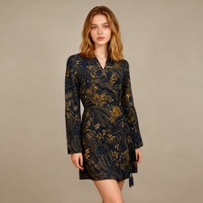 NWT Farm Rio Gold Blue Floral Forest Wrap Mini Dress Long Sleeve Size S