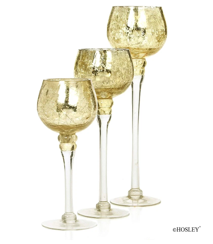 Set of 3 Crackle Gold Glass Tealight Holders 9 Inches 10 Inches and 12 Inches... - Image 2 of 4