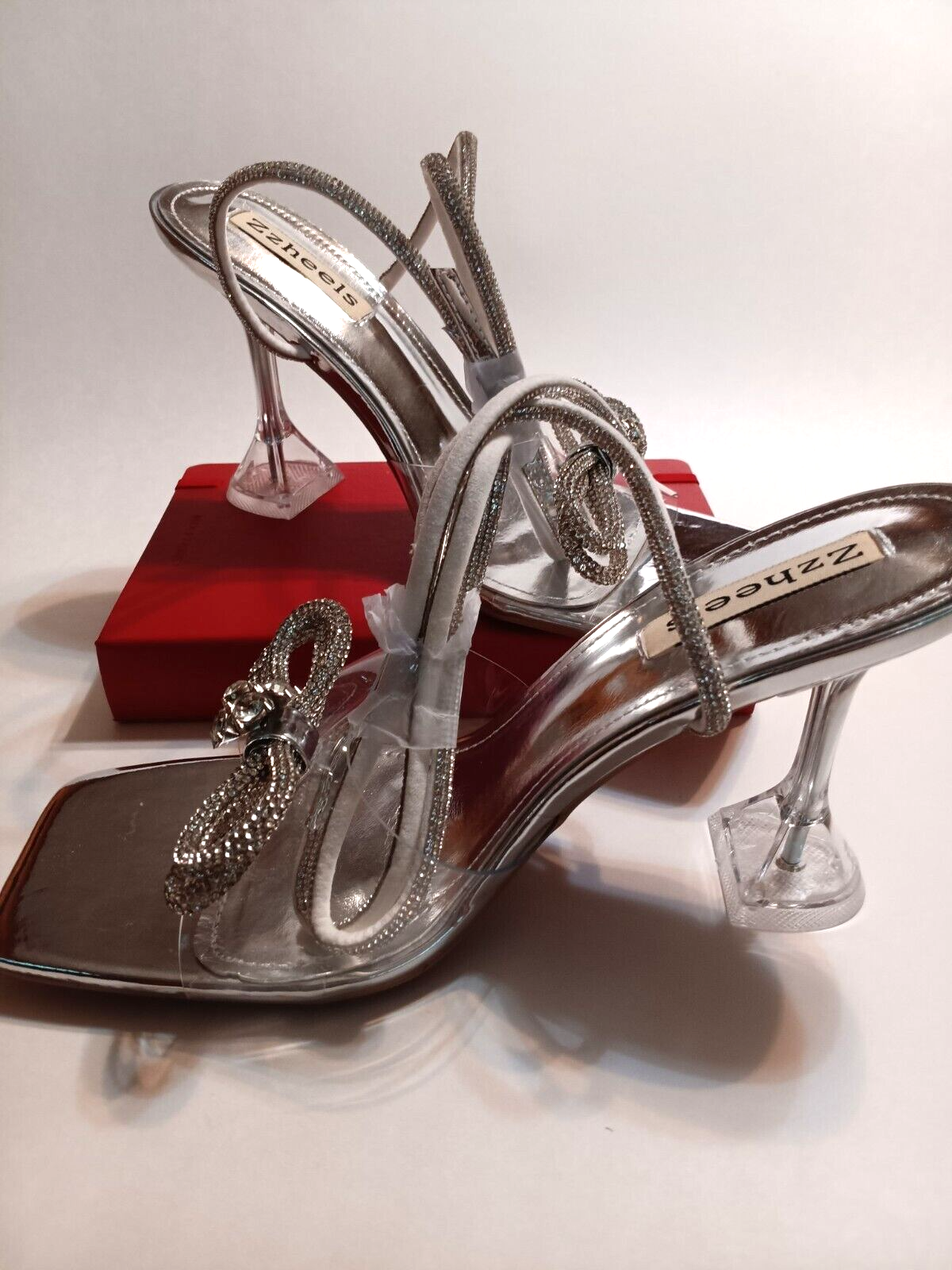 APL Sandali Zzheels doppio fiocco cristallo trasparenti tacco slingback punta quadrata 9 5 nuovi