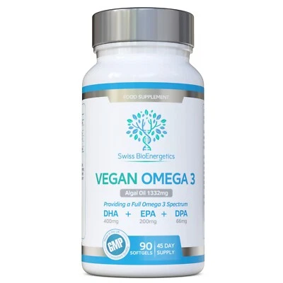 SWISS BIOENERGETICS Vegan Omega 3 90 Soft Gels - Algal Oil 1332 mg - Providing DHA + EPA +DPA