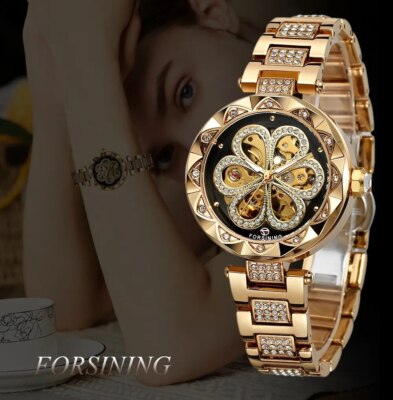 Skeleton Automatic Ladies Elegant Watch Full Steel Mechanical Women Wristwatch