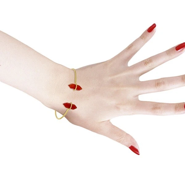 Red Onyx Pencil Gold Plated Cuff Bangle Bracelet Handmade Women Wedding Jewelry - Image 2 of 4