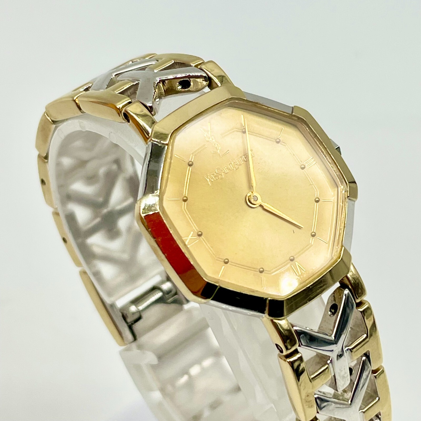 Orologio Yves Saint Laurent Quarzo Oro Argento Quadrante Bianco Donna YSL Vintage Autentico
