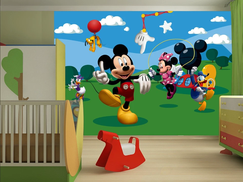 PAPEL PINTADO para dormitorio infantil Disney Mickey Mouse VERDE no tejido MURAL DE PARED Foto 4 de 4