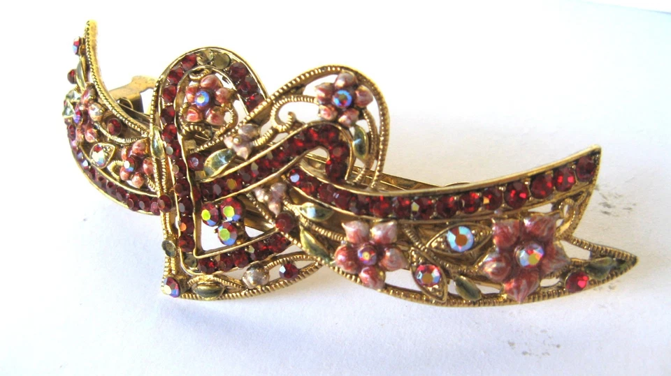 🐸De colección Cordón de pelo con estrás Clip Punta BORGOÑA ROJO CORAZÓN FLORAL Grande años 60 Foto 3 de 4