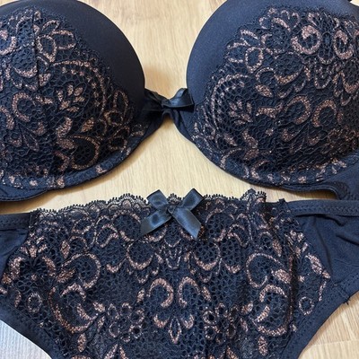 hunkemöller set Push up BH 75B String M  Schwarz Kupfer/Bronze