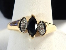14K Yellow Gold 6.5x3mm Blue Sapphire 4 Diamonds Ladies Ring Size 6.25