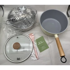 Ceramic Nonstick Sauce Pan, 3 QT Pot with Steamer, Wooden Handle Unused *READ...