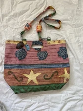 90s Beach Bag Purse Colorful Print With Shells Sun N Sand